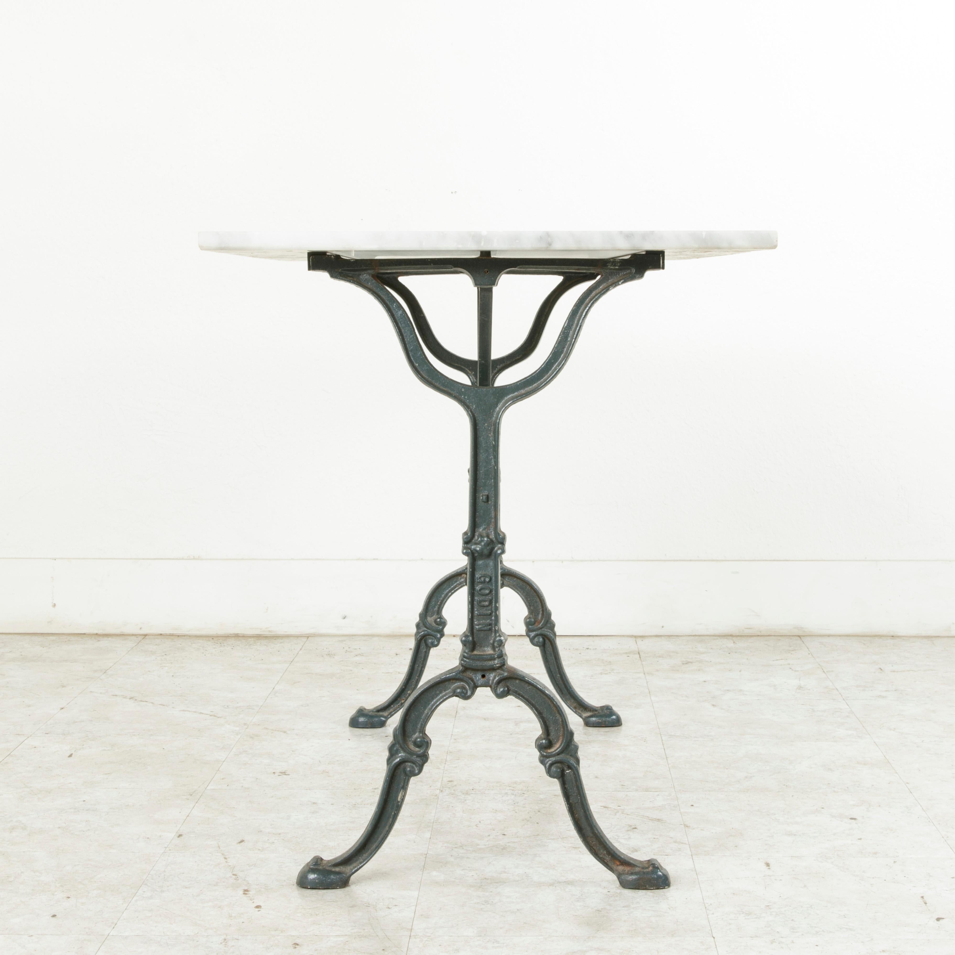 Cast Early 20th Century French Iron Bistro Table with Maker's Name Godin, Marble Top