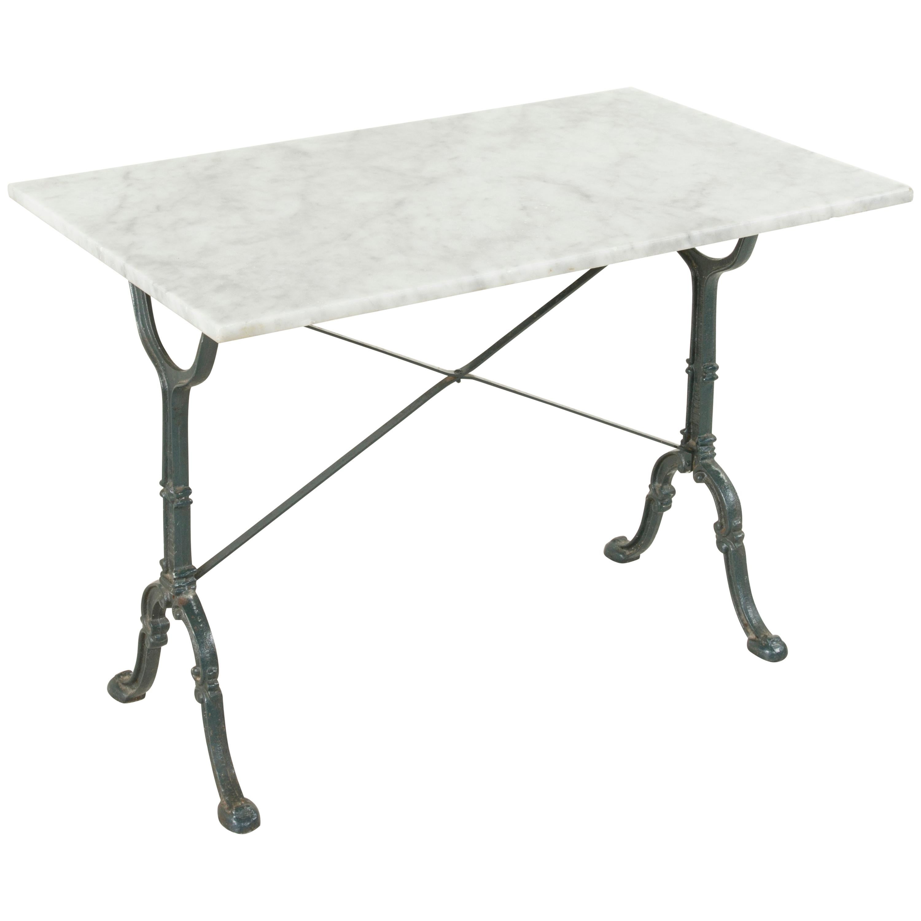 Early 20th Century French Iron Bistro Table with Maker's Name Godin, Marble Top