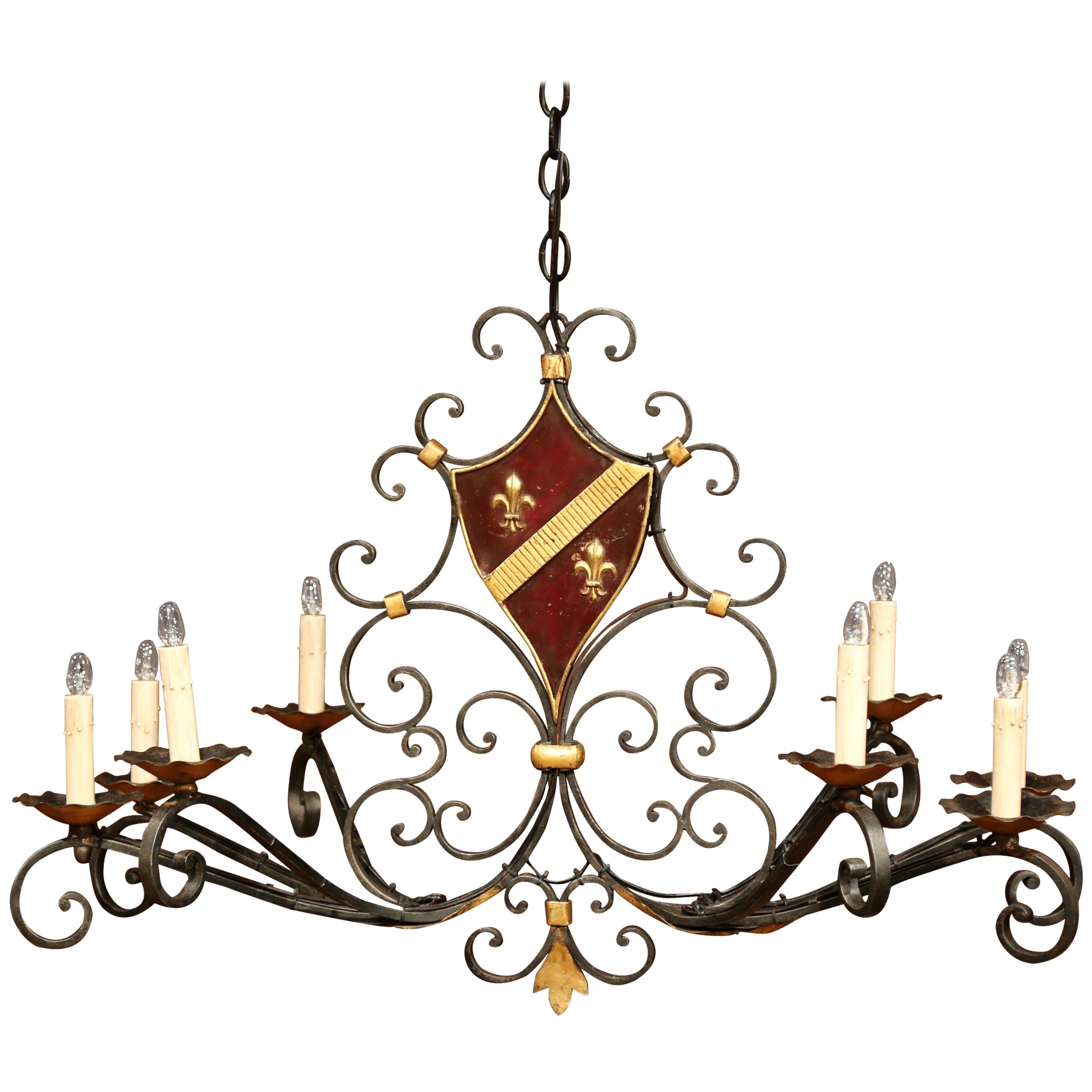 Early 20th Century French Iron Eight-Light Chandelier with Painted Shield