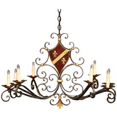 Early 20th Century French Iron Eight-Light Chandelier with Painted Shield