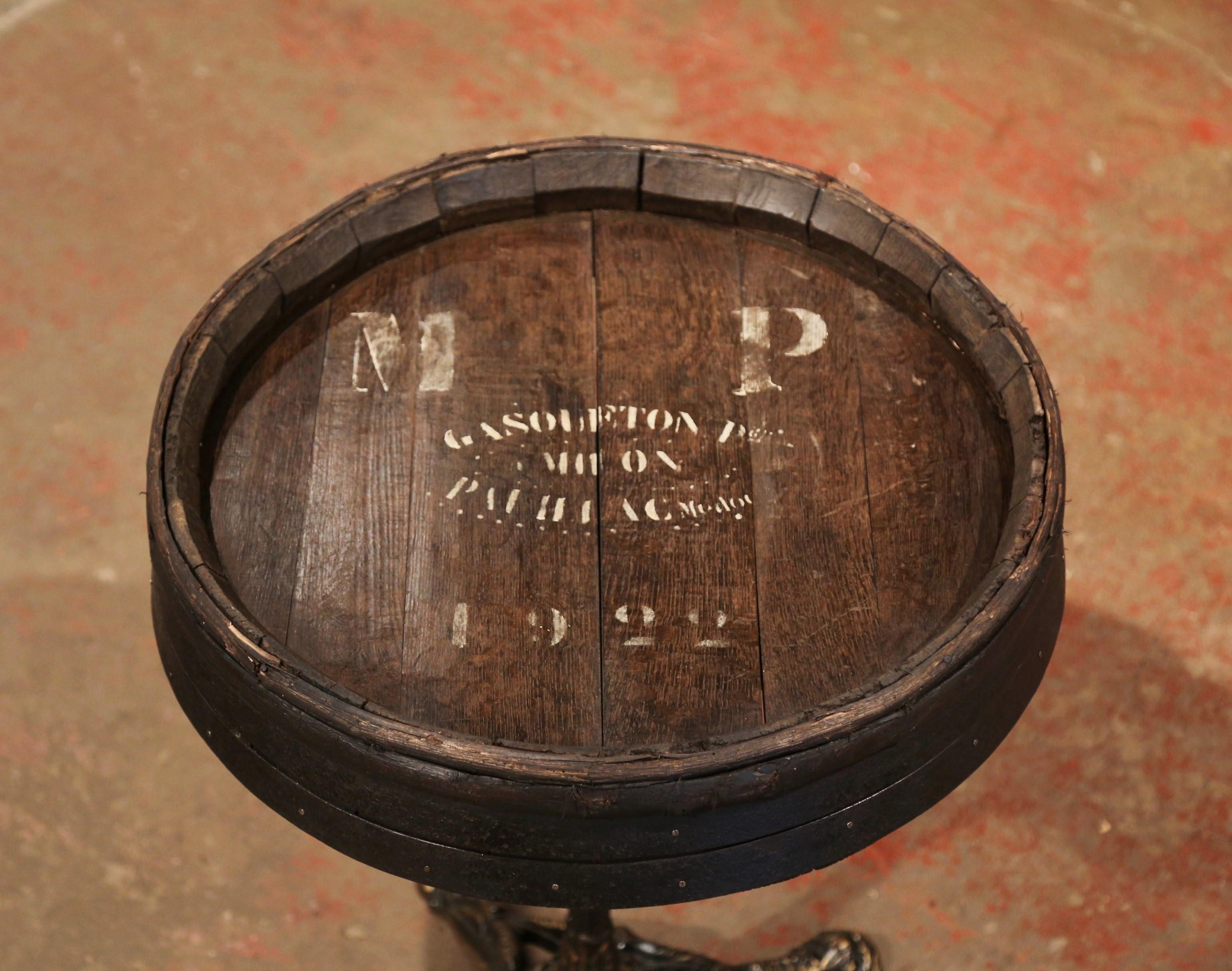 Country Early 20th Century French Iron Pedestal Table with Oak Wine Barrel Top