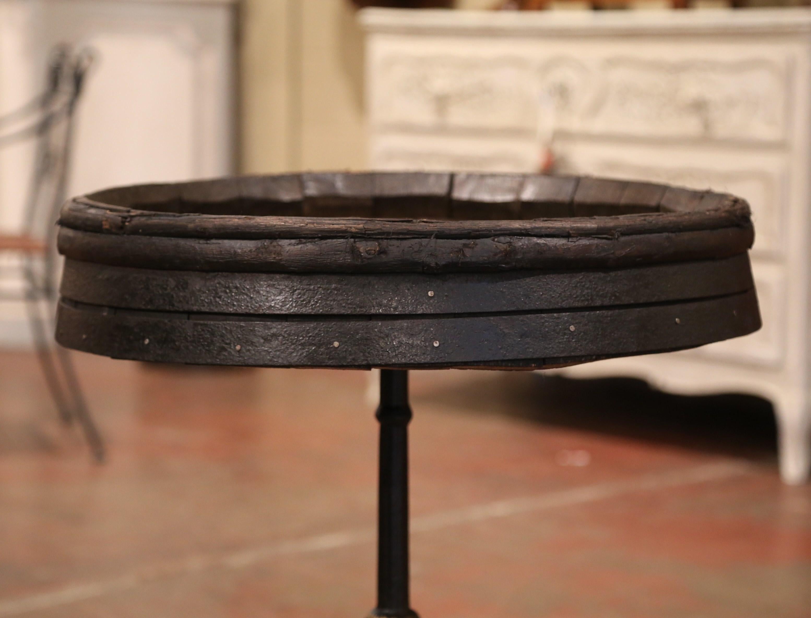 Early 20th Century French Iron Pedestal Table with Oak Wine Barrel Top In Excellent Condition In Dallas, TX