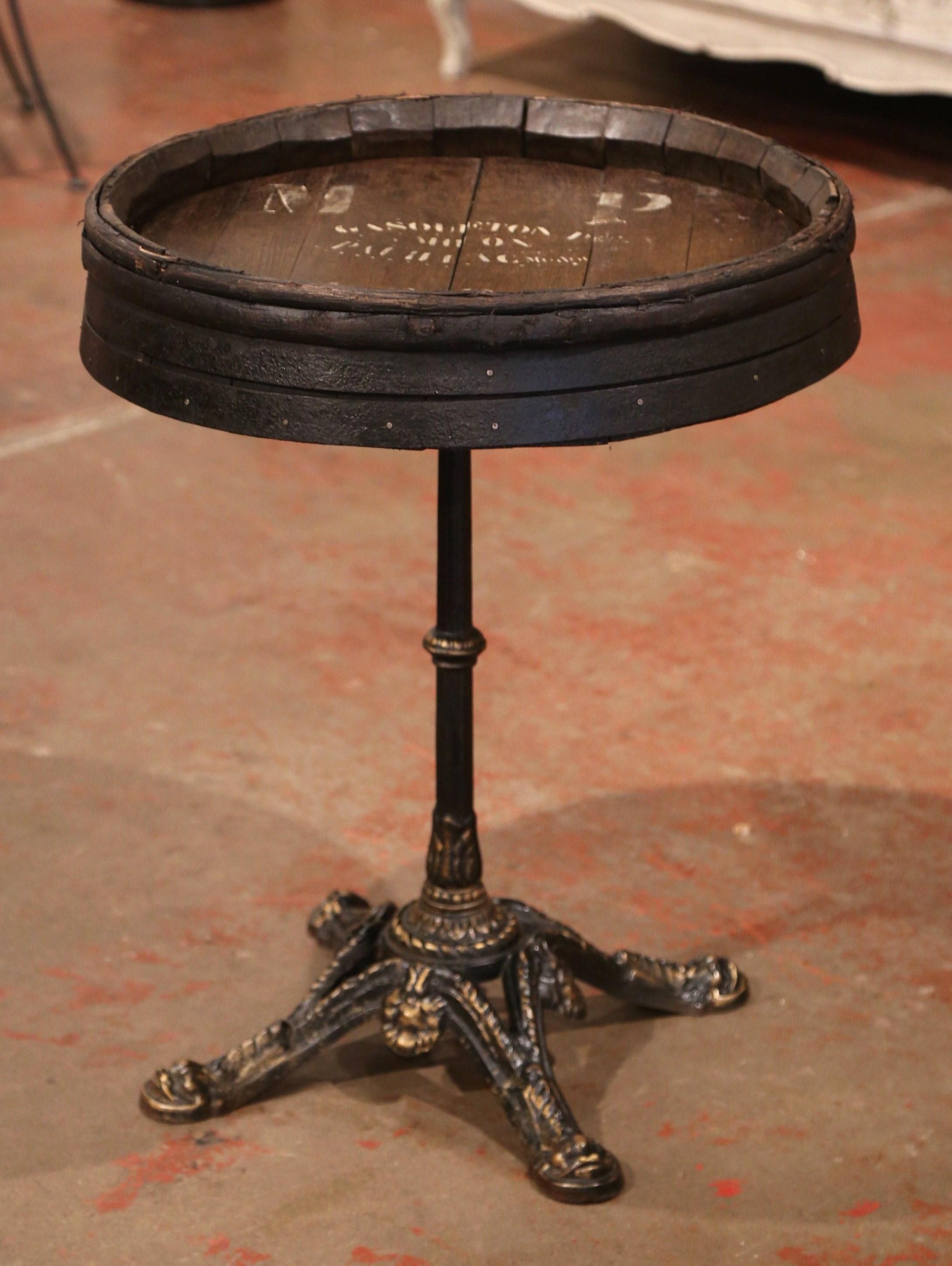Early 20th Century French Iron Pedestal Table with Oak Wine Barrel Top 1