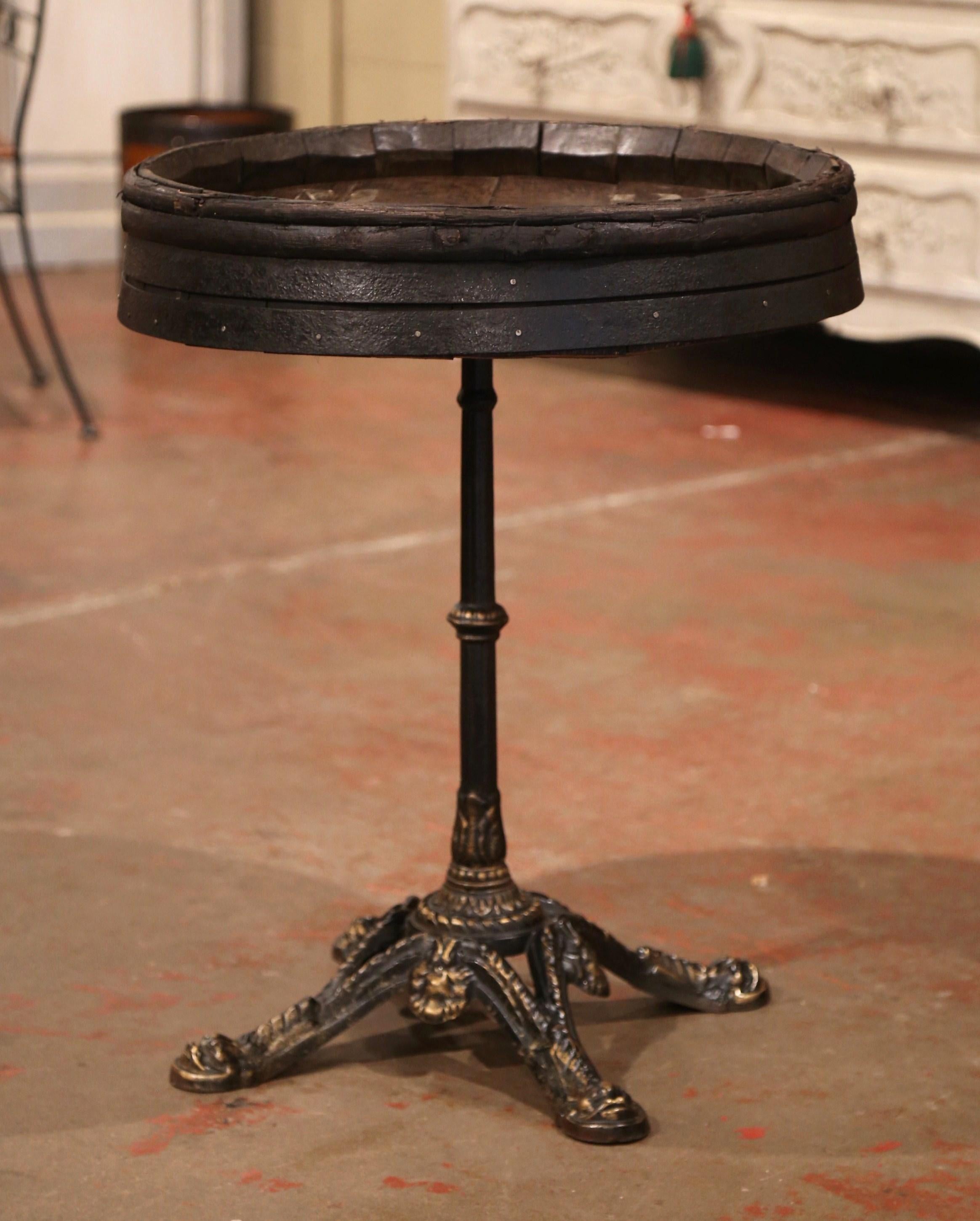 Early 20th Century French Iron Pedestal Table with Oak Wine Barrel Top 2