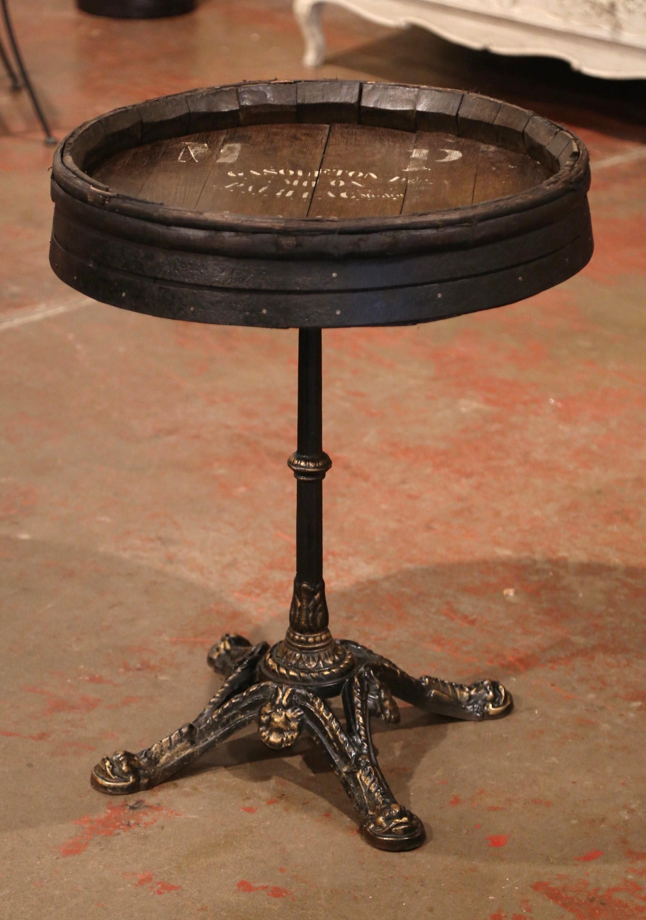 Early 20th Century French Iron Pedestal Table with Oak Wine Barrel Top 3
