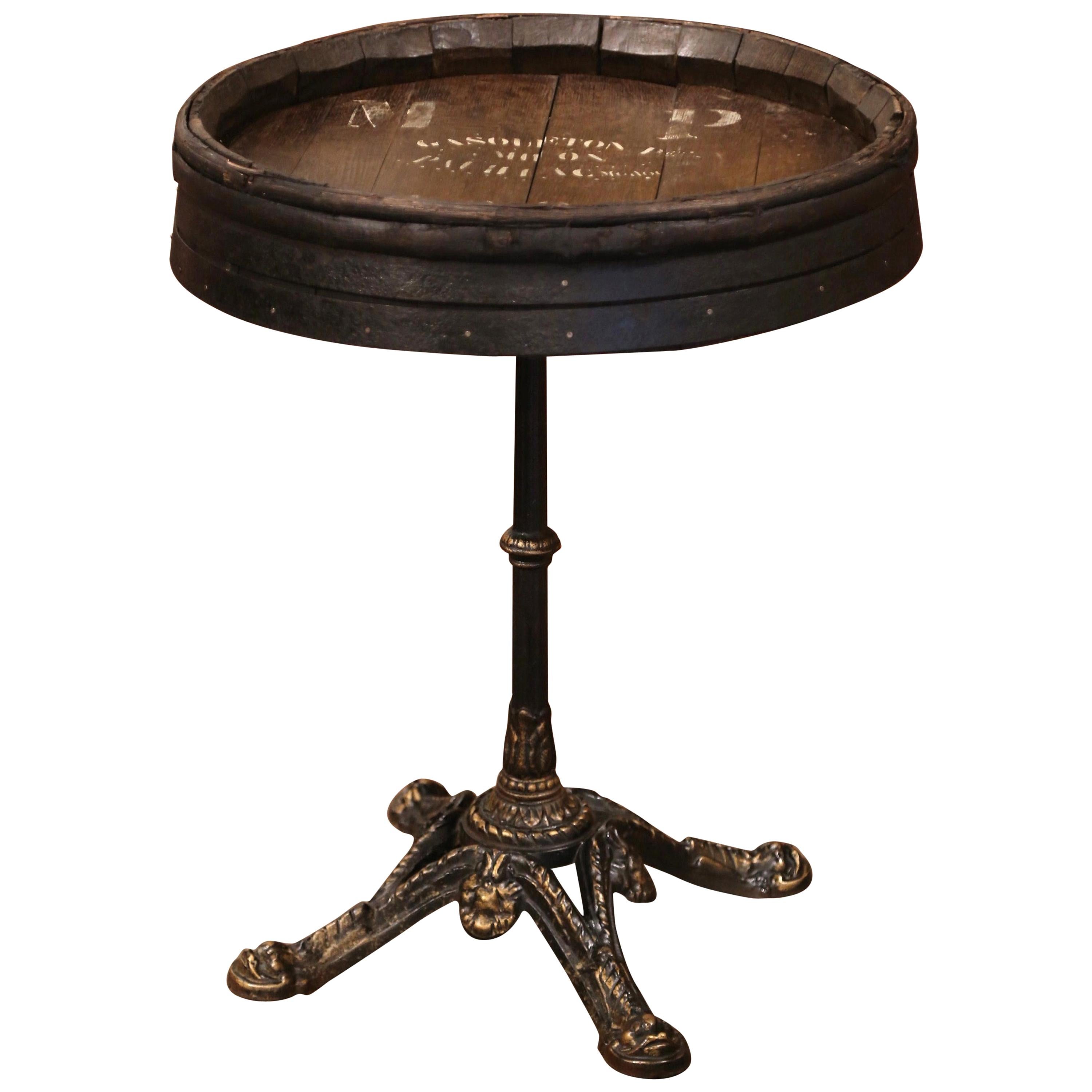 Early 20th Century French Iron Pedestal Table with Oak Wine Barrel Top