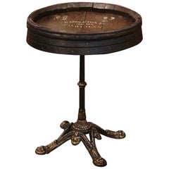 Used Early 20th Century French Iron Pedestal Table with Oak Wine Barrel Top