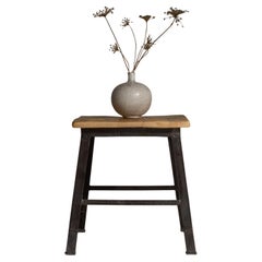 Antique Early 20th Century French Iron Side Table With Wooden Top