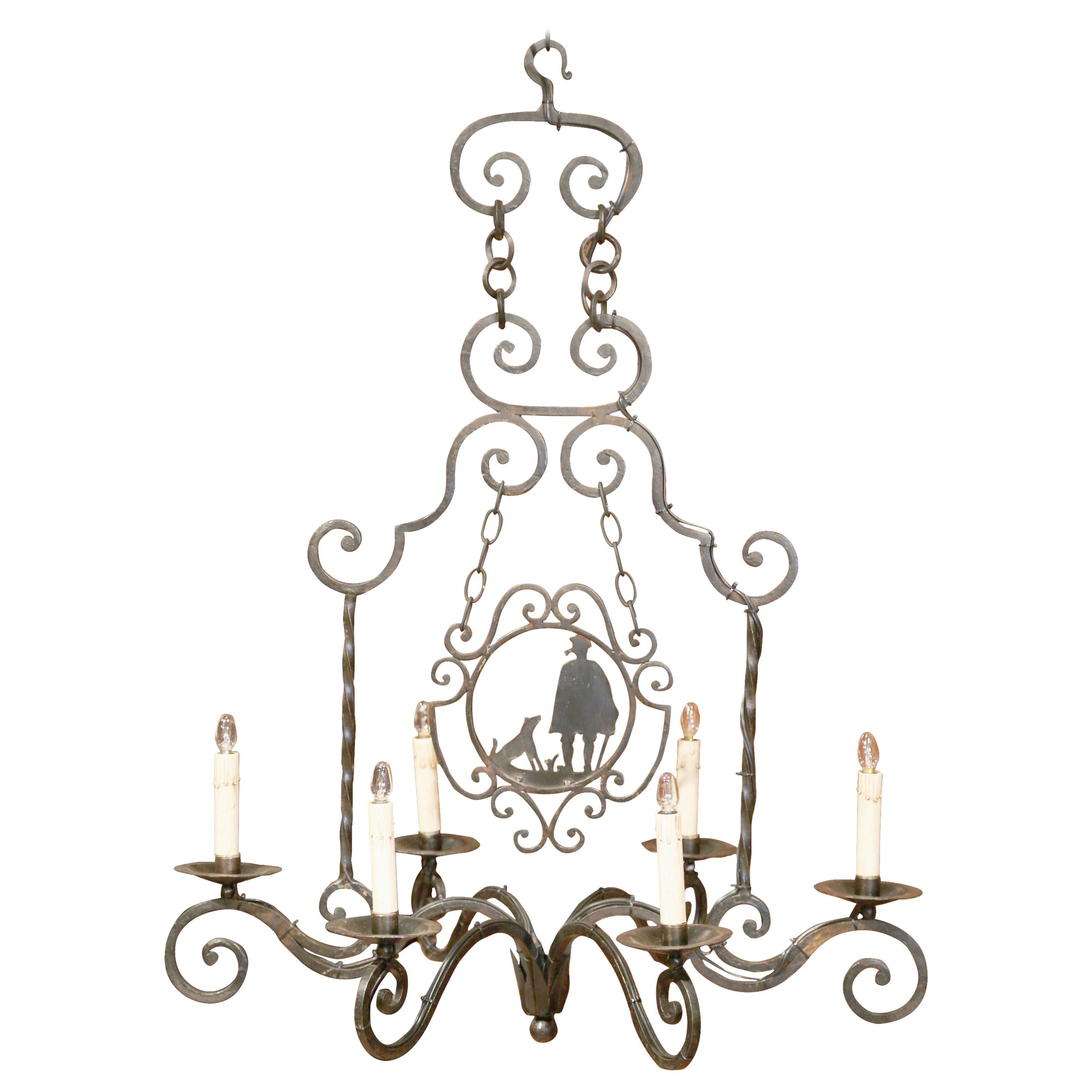 Early 20th Century French Iron Six-Light Chandelier with Shepherd and Dog