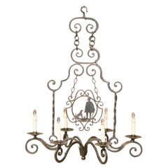 Early 20th Century French Iron Six-Light Chandelier with Shepherd and Dog