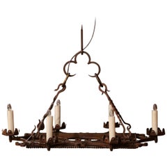 Antique Early 20th Century French Iron Six-Light Flat Bottom Island Chandelier
