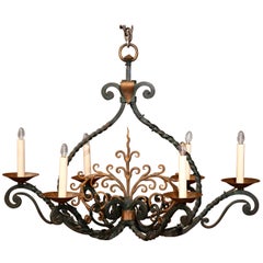 Antique Early 20th Century French Iron Verdigris and Gilt Accent Six-Light Chandelier