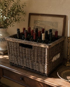 Caisse à vin française en osier « J. Damoy » du début du XXe siècle, pouvant contenir quinze bouteilles