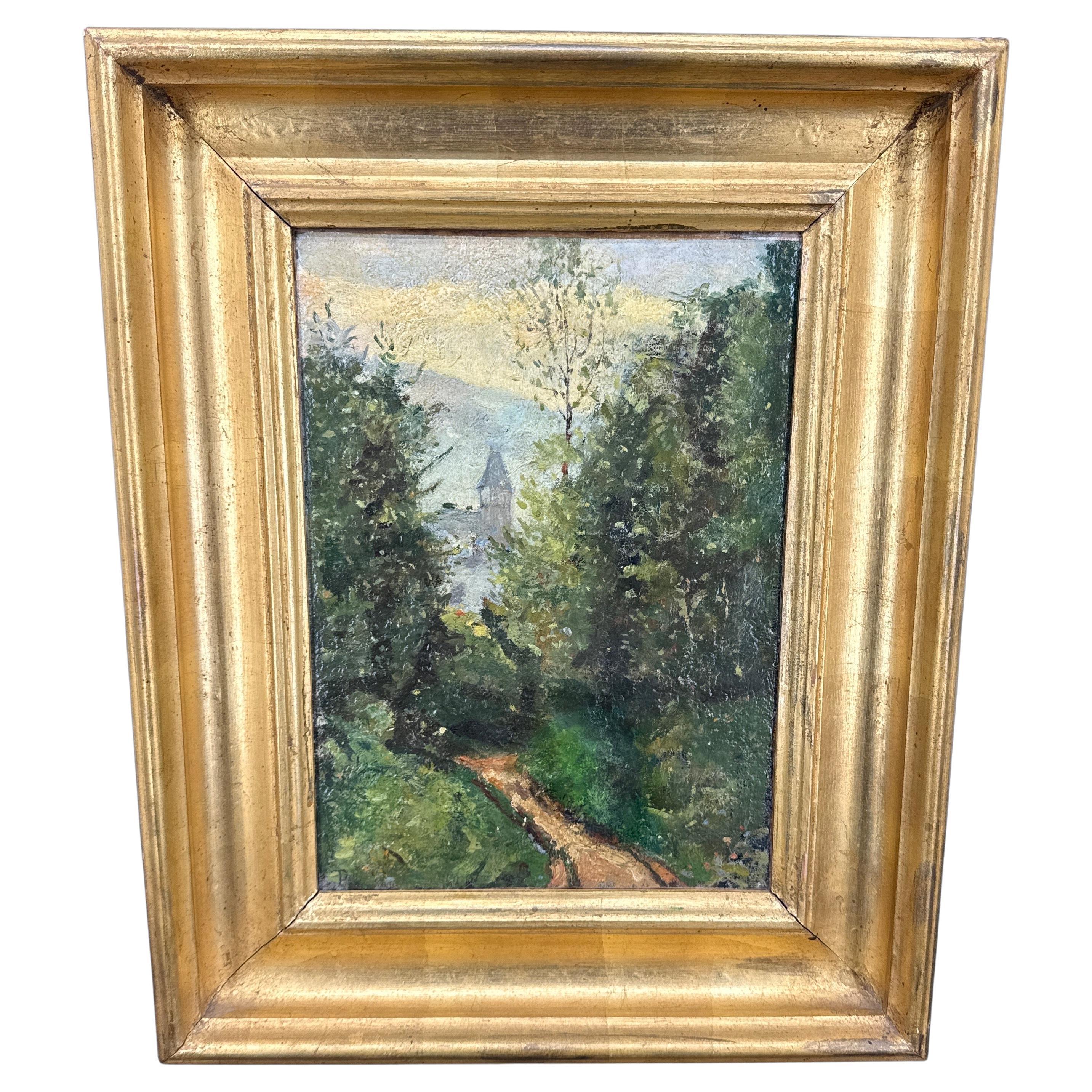 Paysage français du début du 20e siècle Peinture à l
huile de château encadrée d
or, signée en vente