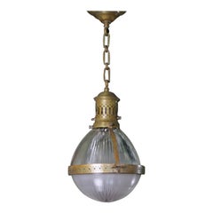 Early 20th Century French Large Brass Caged Holophane Pendant Light