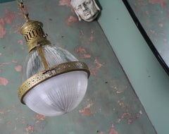 Early 20th Century French Large Brass Caged Holophane Pendant Light