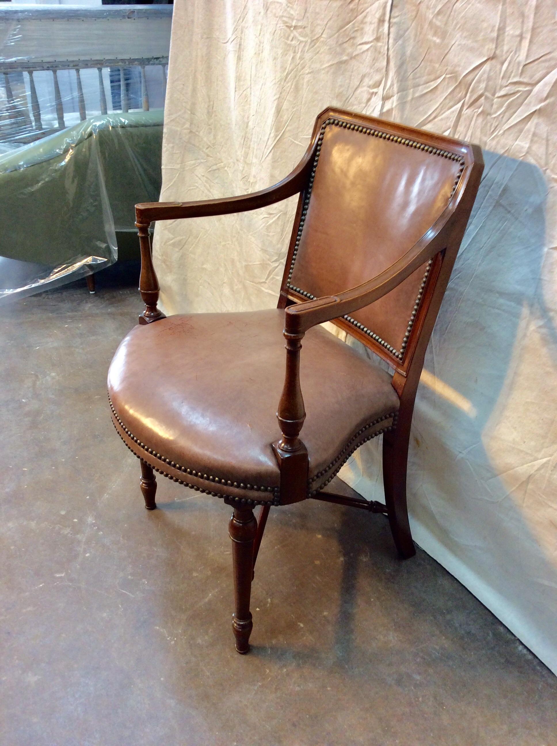 Hand-Crafted Early 20th Century French Leather and Walnut Armchair For Sale