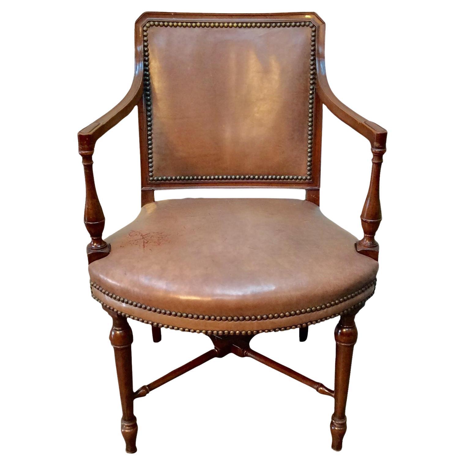 Early 20th Century French Leather and Walnut Armchair For Sale