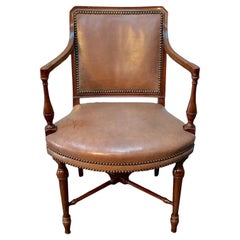 Early 20th Century French Leather and Walnut Armchair