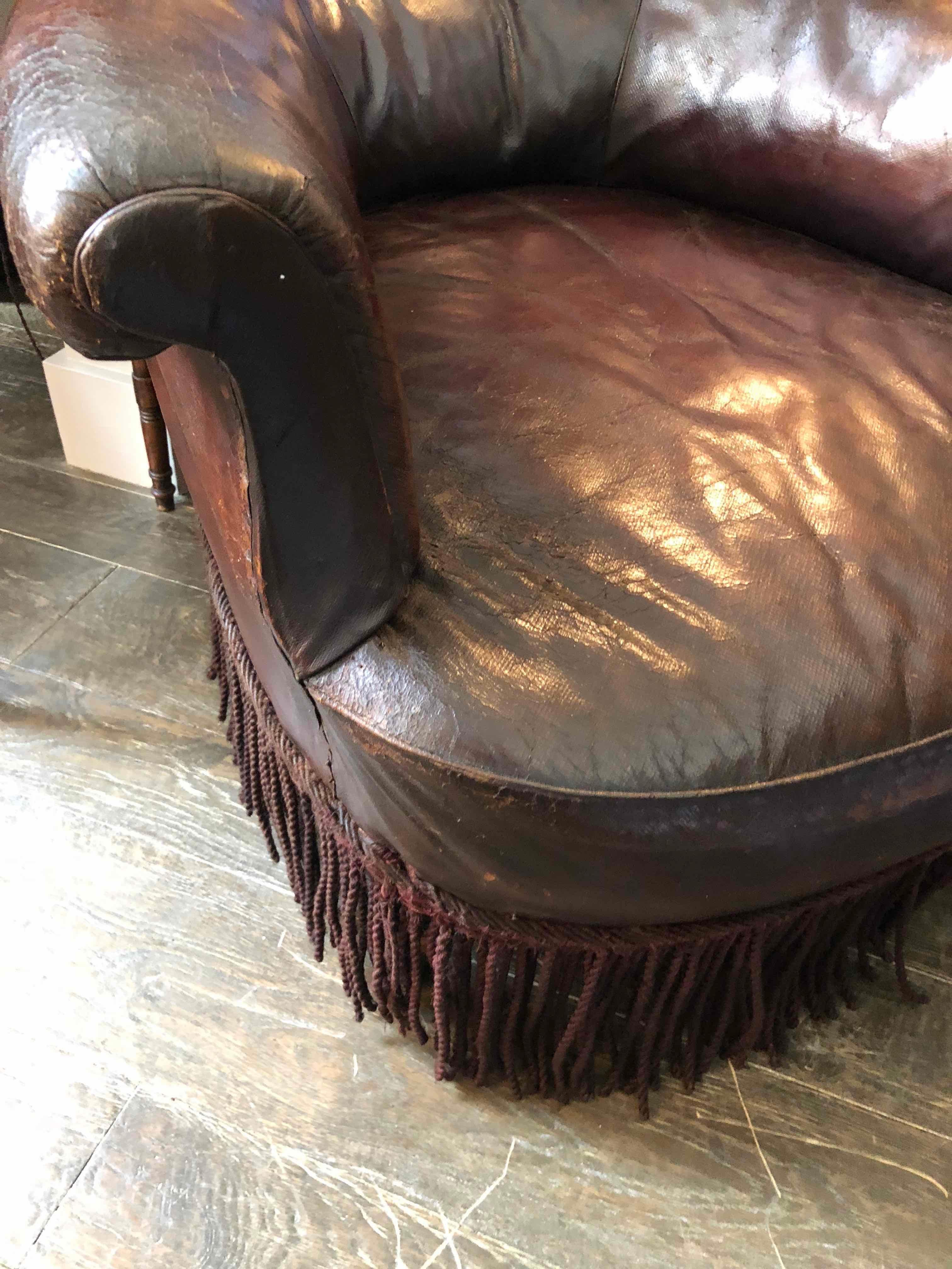 Early 20th Century French Leather Armchair with Fringe In Good Condition In Los Angeles, CA