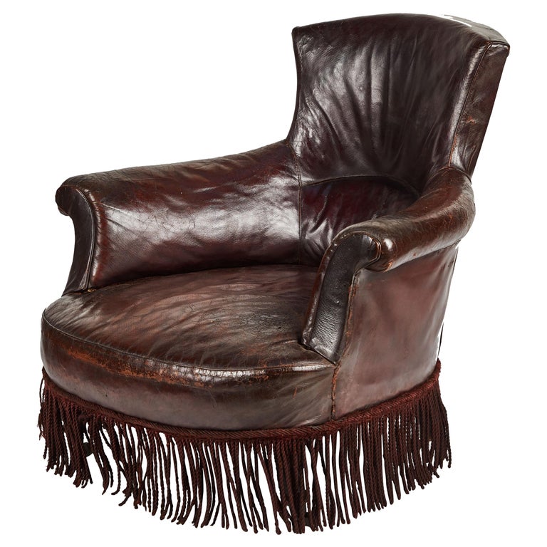 Early 20th Century French Leather Armchair with Fringe 1