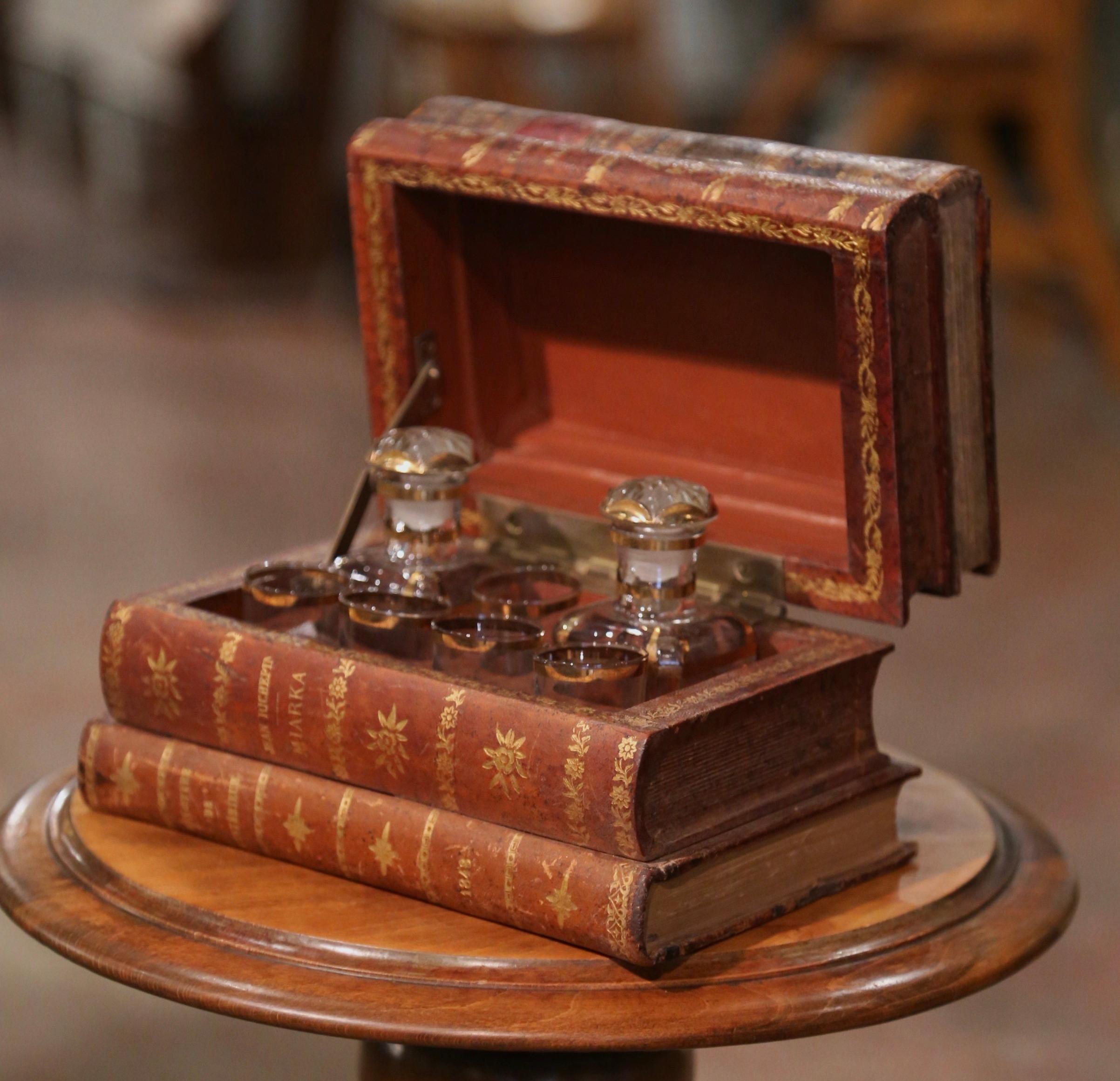 Gilt Early 20th Century French Leather Book Liquor Box with Shot Glasses and Carafes For Sale