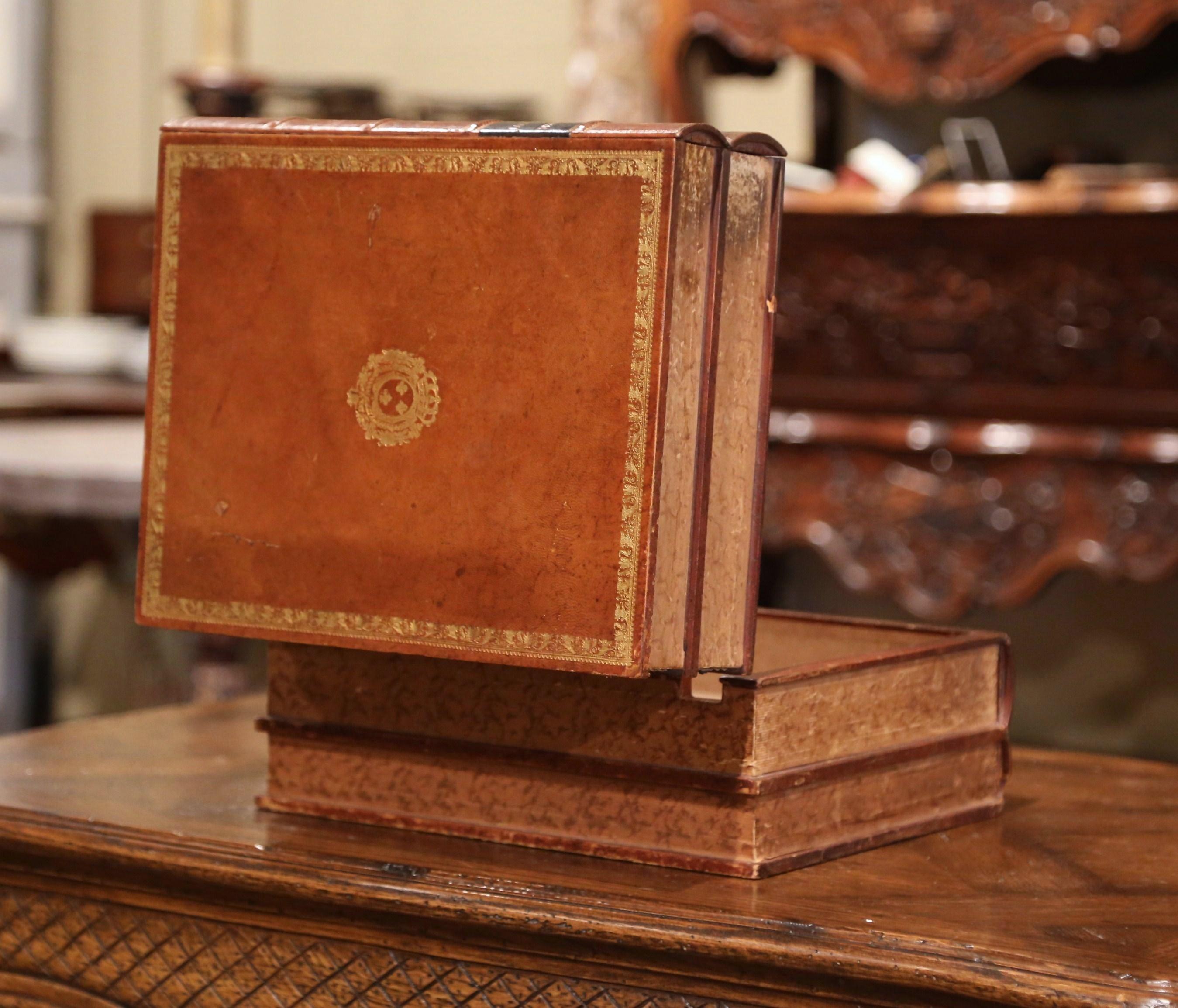 Early 20th Century French Leather Bound Books Decorative Box with Drawer 4