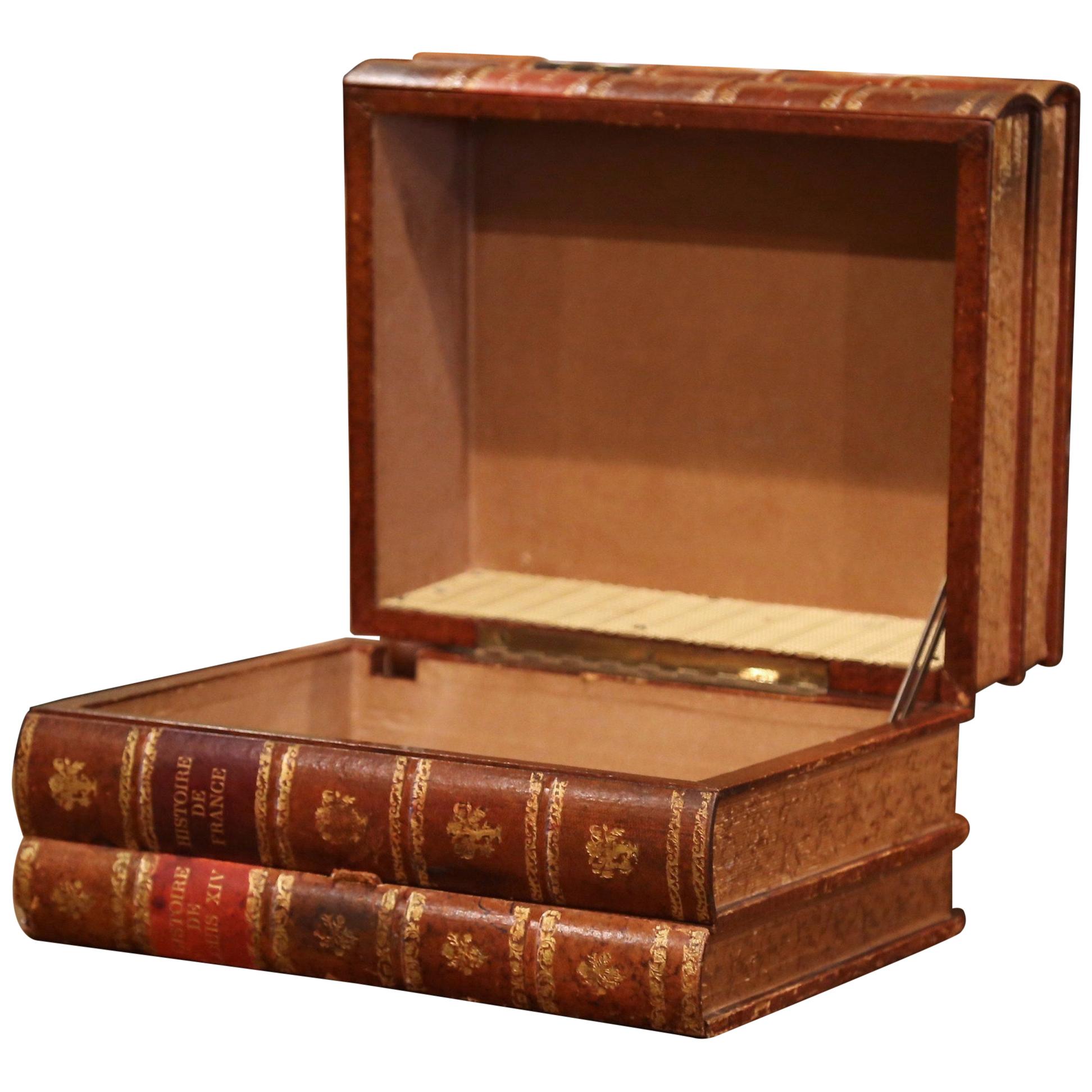 Early 20th Century French Leather Bound Books Decorative Box with Drawer