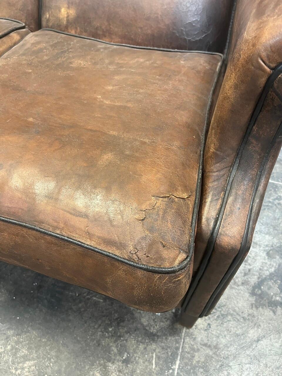 Early 20th Century French Leather Club Sofa For Sale 1
