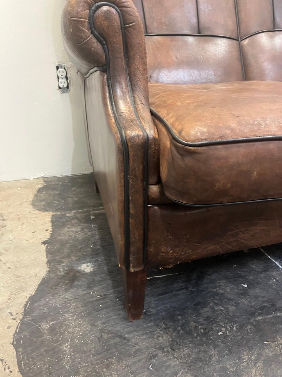 Early 20th Century French Leather Club Sofa For Sale 4