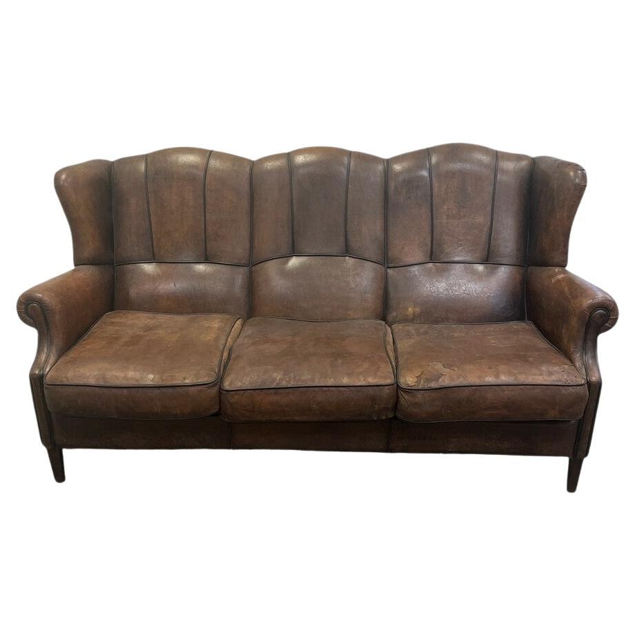 Early 20th Century French Leather Club Sofa For Sale