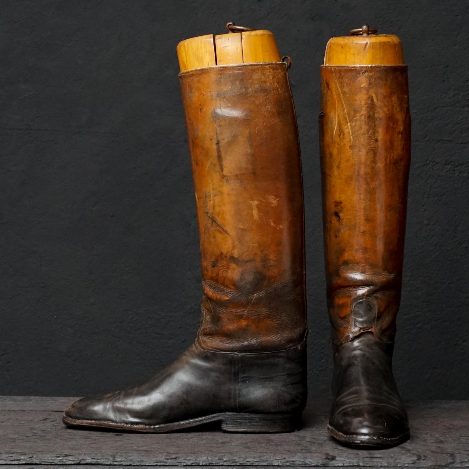Painted Early 20th Century French Leather Horse Riding Boots with Antique Boot Trees