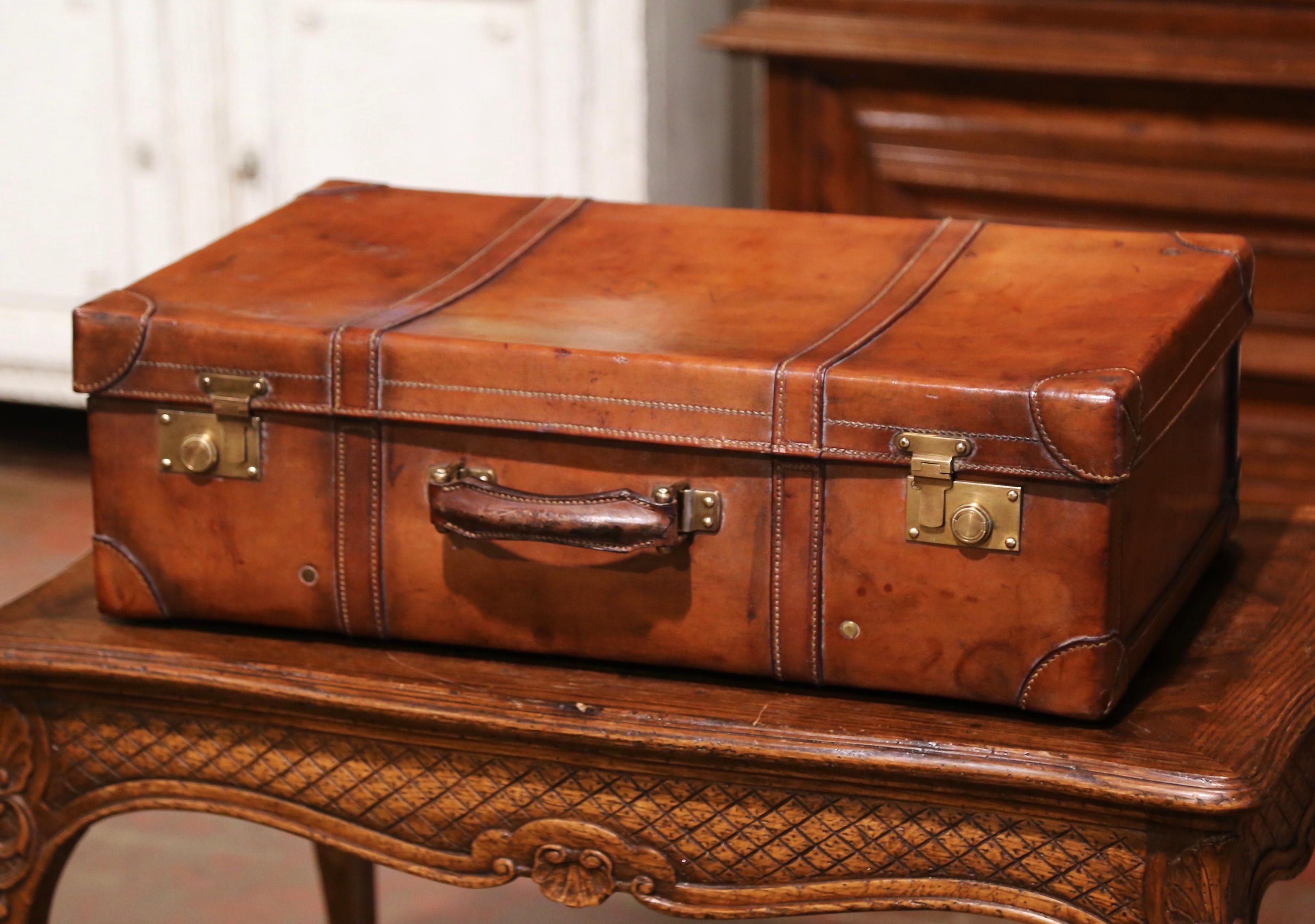 Hand-Crafted Early 20th Century French Leather Suitcase with Inside Upholstery and Tray