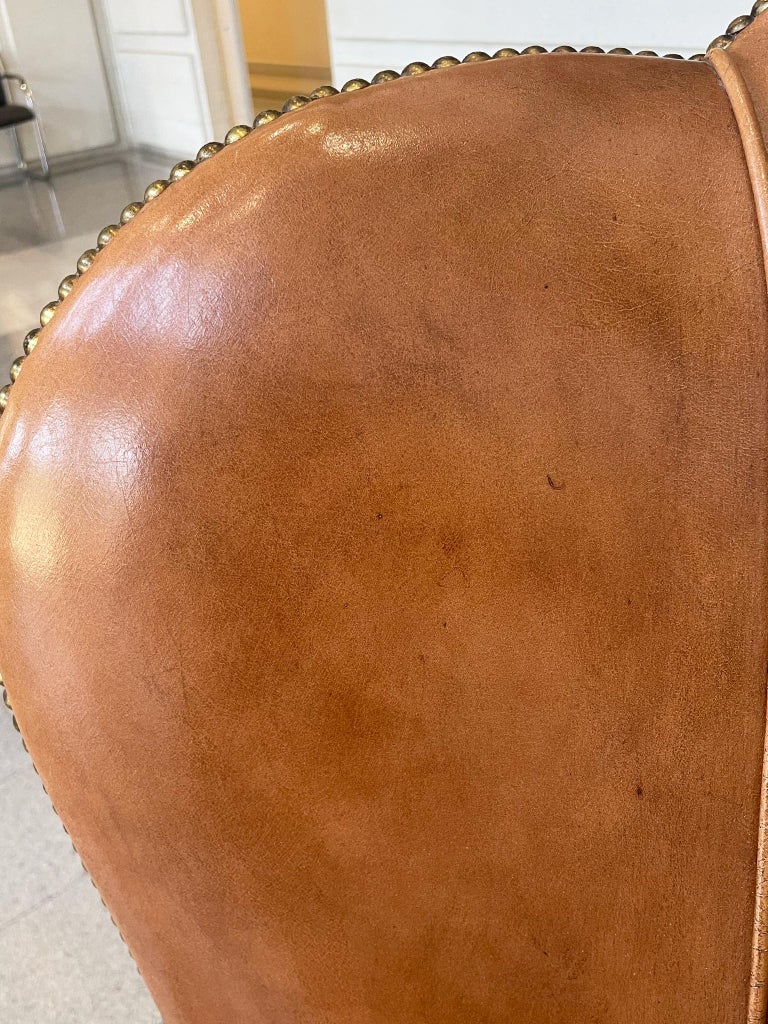 Early 20th Century French Leather Wingback Armchair For Sale at 1stDibs