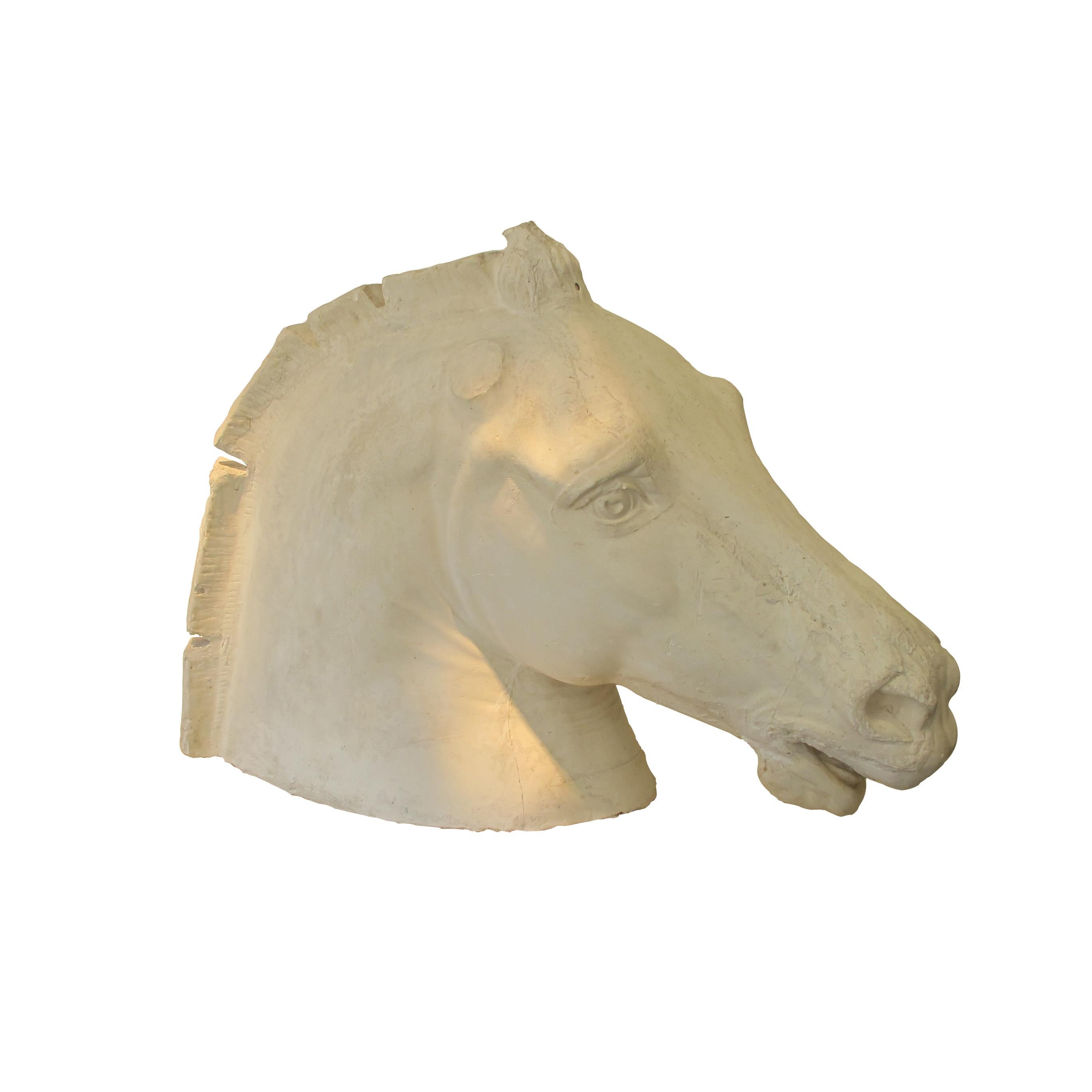 A magnificent colossal plaster horse's head sculpture inspired by the legendary frieze of the Parthenon. The smooth generous and elegant curves are contrasted by a structural mane achieving a truly majestic look, early 20th century, French.