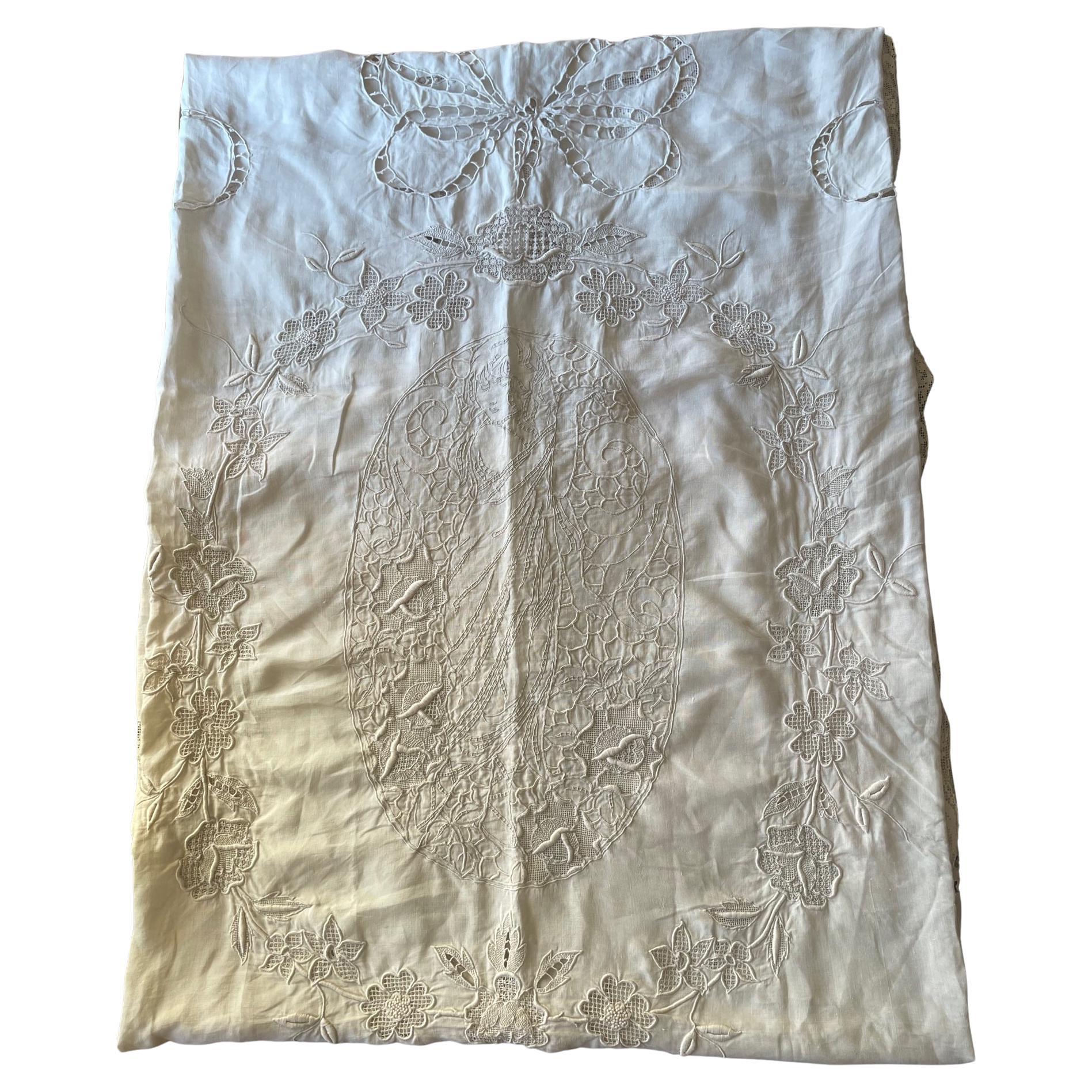 Early 20th century French Linen Lace Handmade Panel, 1900s For Sale