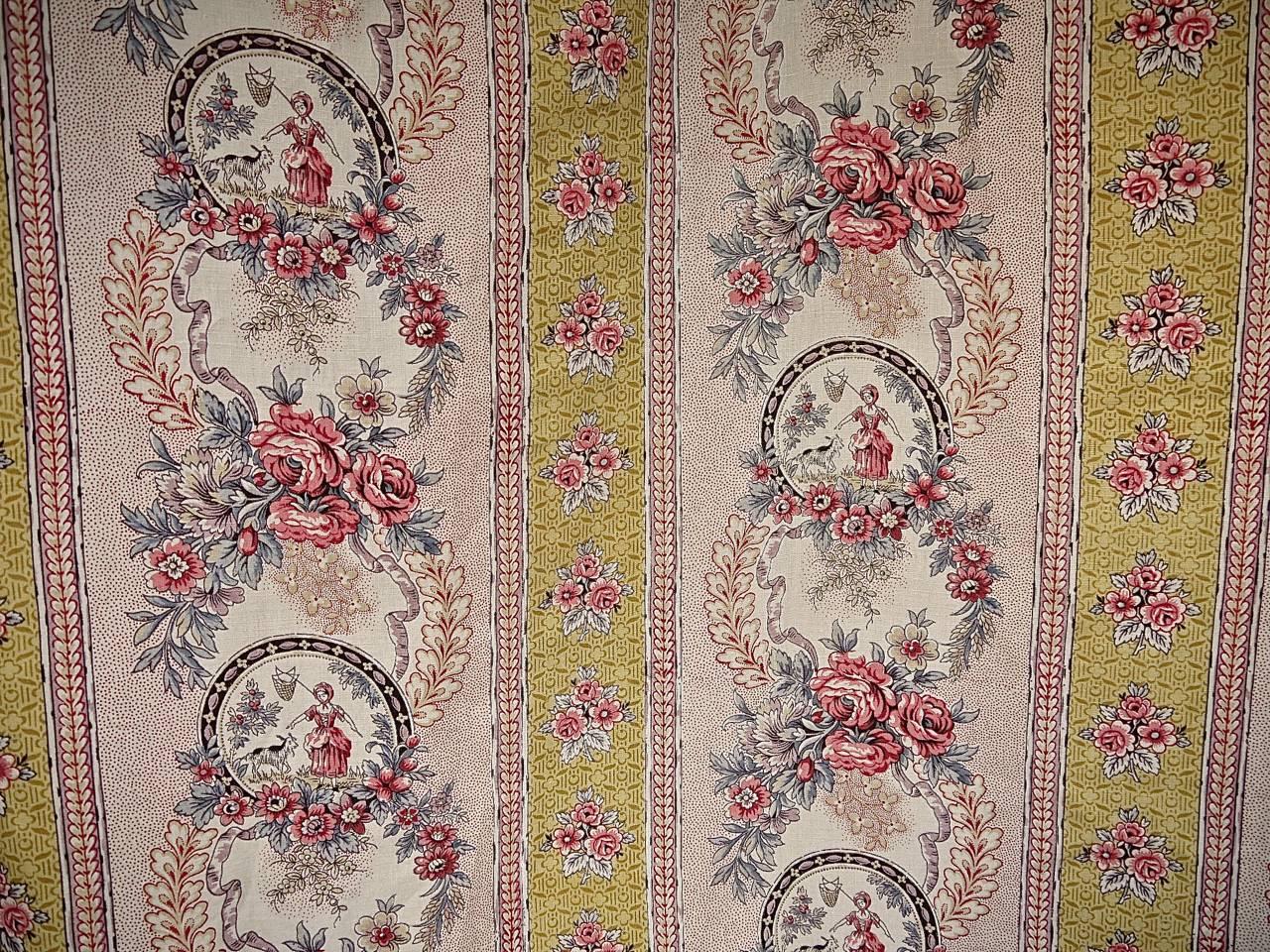 French early 20th century circa 1900s-1910s linen length printed with medallions of a girl and a goat surrounded by roses and ribbons on a picotage ground with alternating bands of yellow.