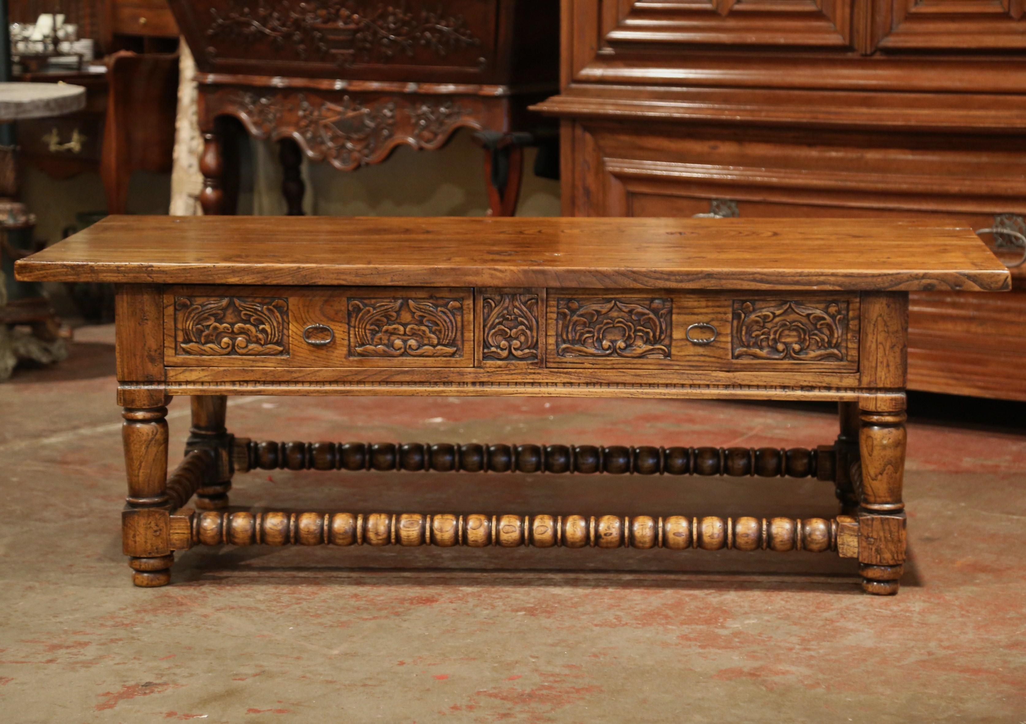 Early 20th Century French Louis XIII Carved Chestnut Coffee Table with Drawers In Excellent Condition In Dallas, TX