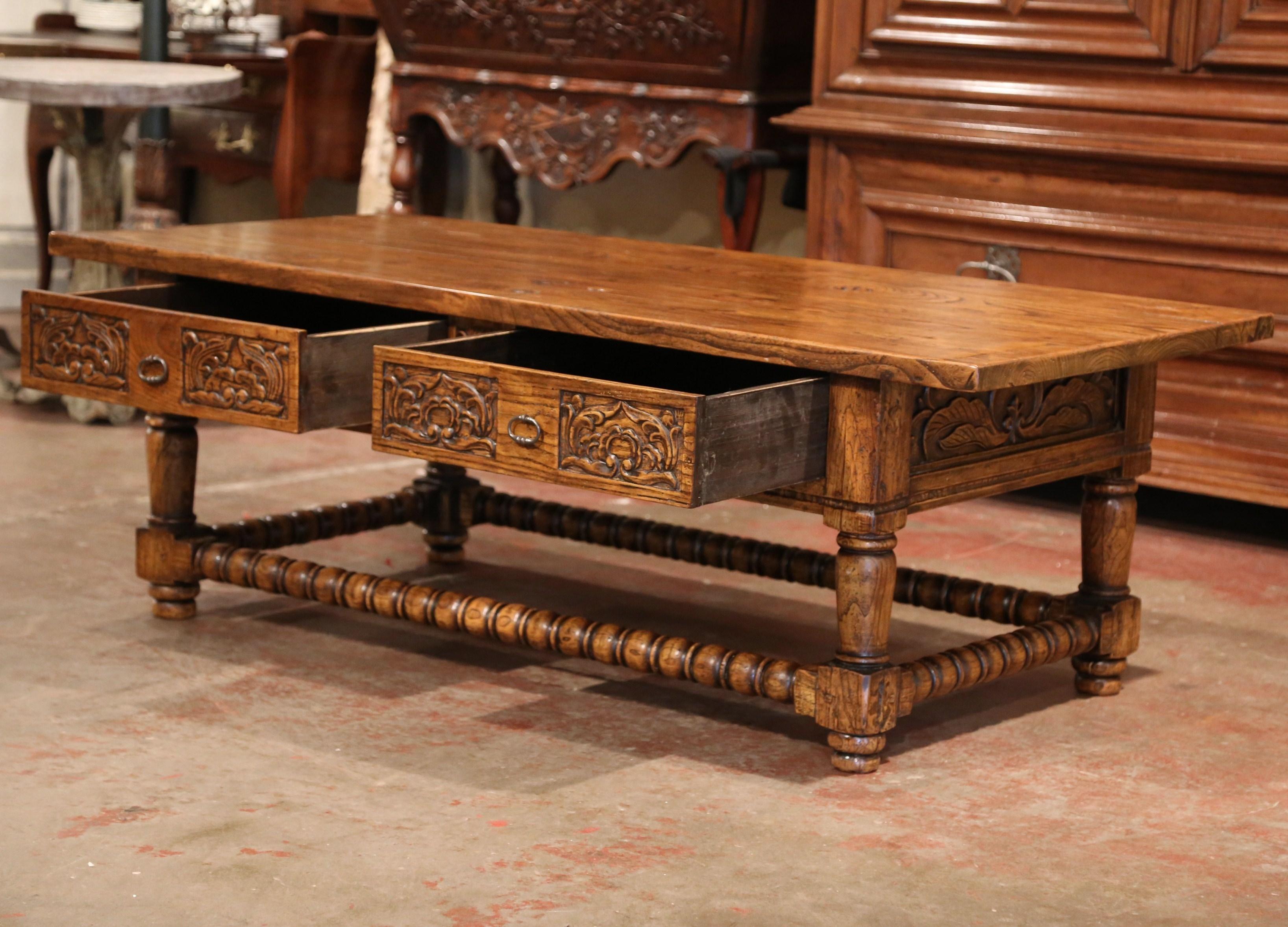 Early 20th Century French Louis XIII Carved Chestnut Coffee Table with Drawers 3