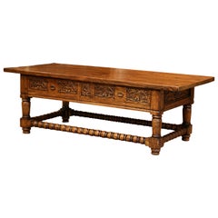Early 20th Century French Louis XIII Carved Chestnut Coffee Table with Drawers