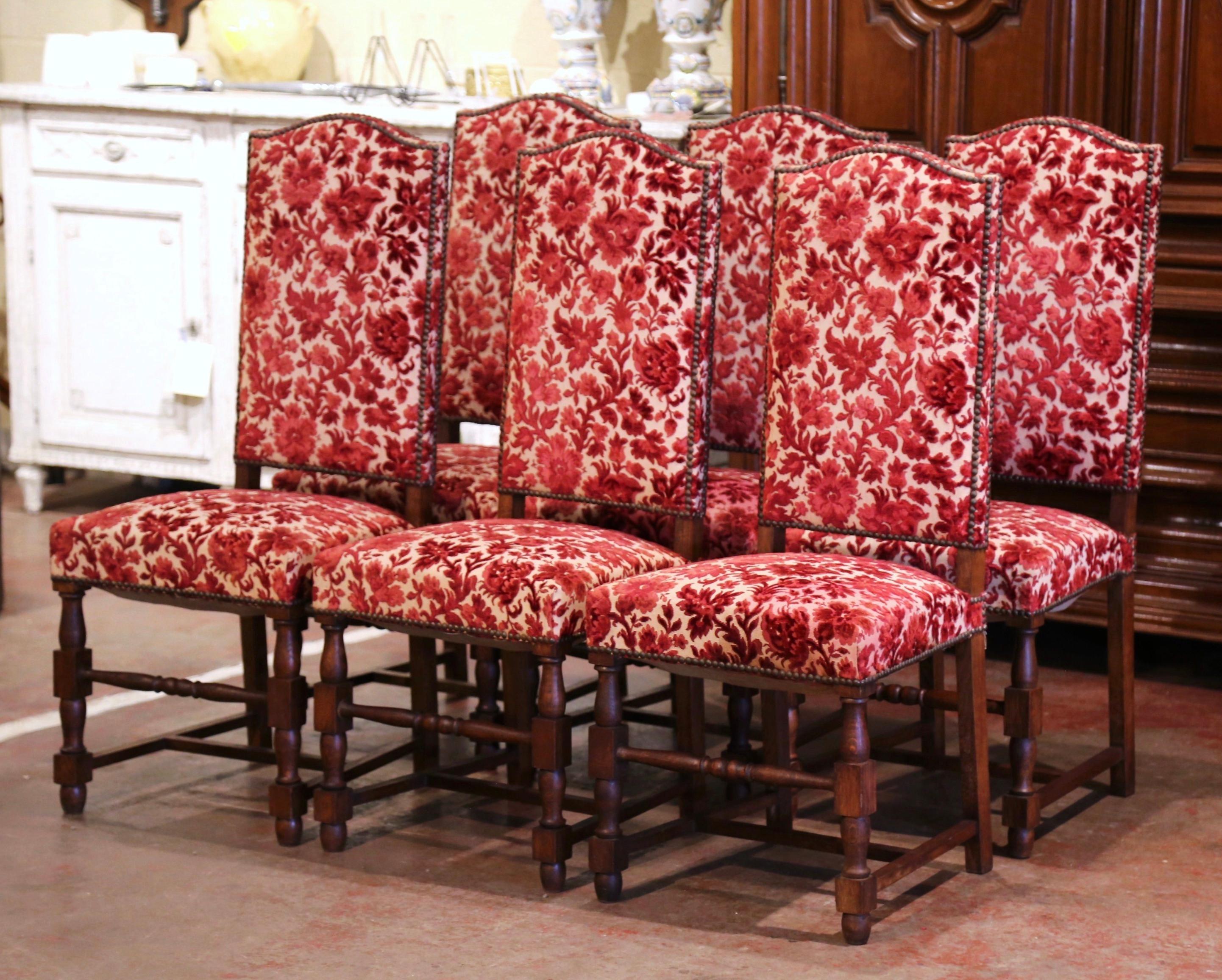 Hand-Carved Early 20th Century French Louis XIII Carved Oak Walnut Dining Chairs-Set of Six