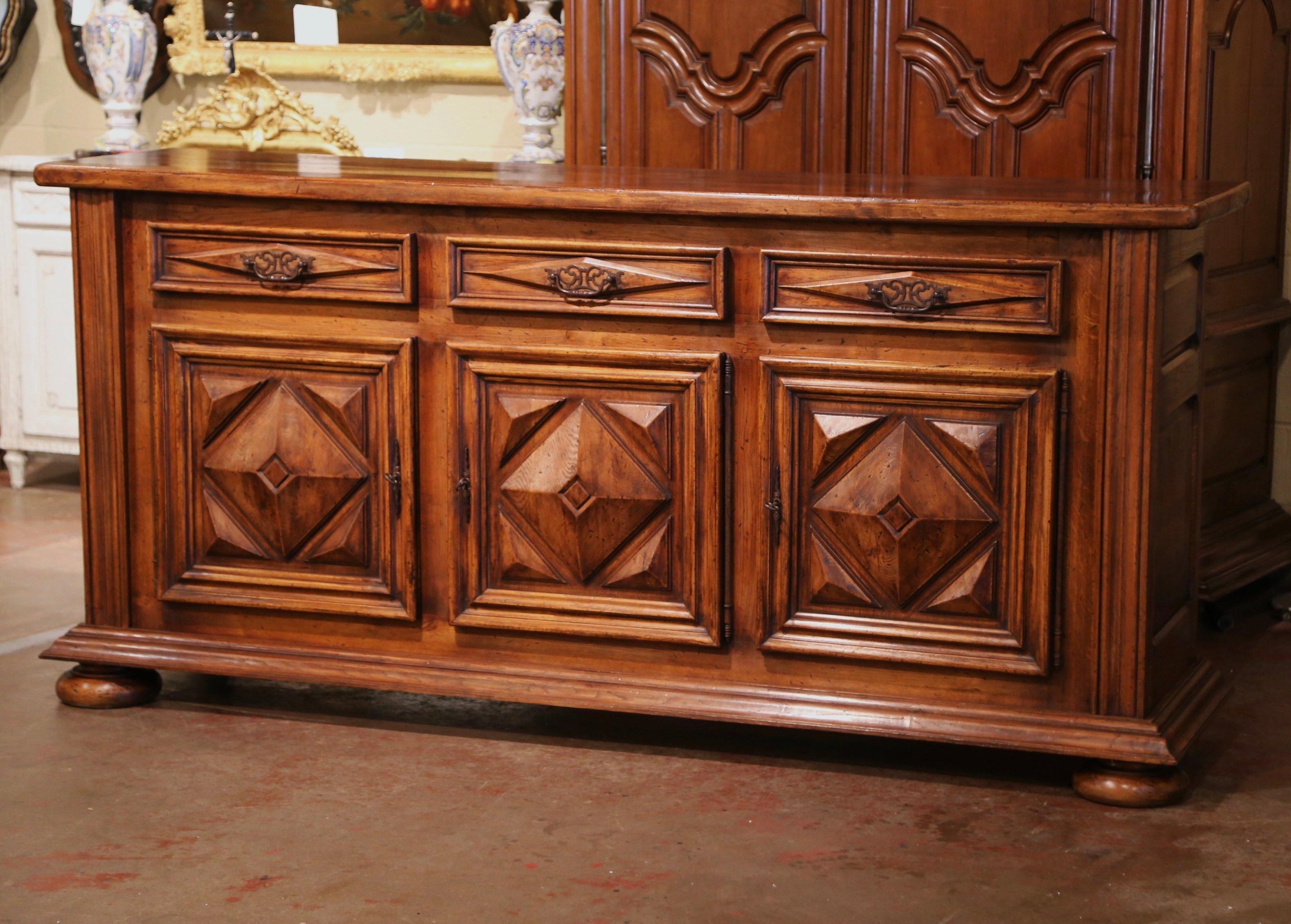 Early 20th Century French Louis XIII Carved Walnut Three-Door Enfilade Buffet In Excellent Condition In Dallas, TX