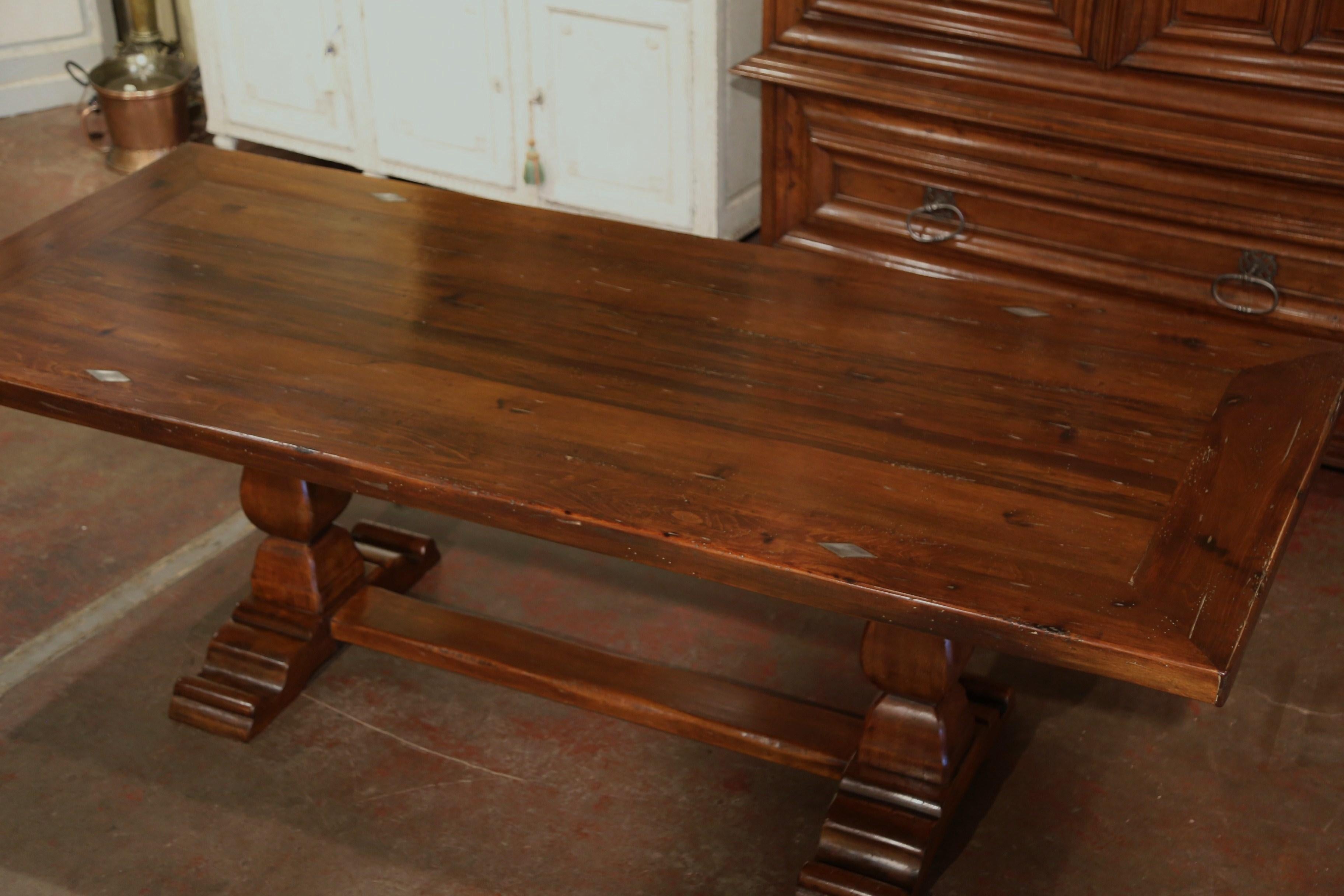 Hand-Carved Early 20th Century French Louis XIII Carved Walnut Trestle Base Farm Table