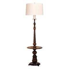 Early 20th Century French Louis XIII Walnut Barley Twist Floor Lamp with Table