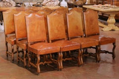 Chaises de salle à manger en noyer et cuir Louis XIV du début du 20e siècle, série de 12