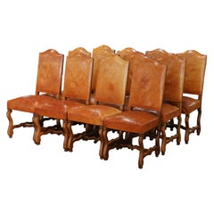 Chaises de salle à manger en noyer et cuir Louis XIV du début du 20e siècle, série de 12