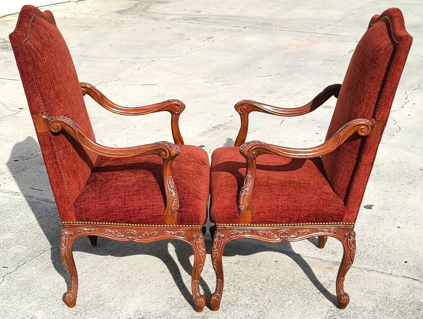 Offering One Of Our Recent Palm Beach Estate Fine Furniture Acquisitions Of A
Pair of Antique French Louis XV Stately armchairs
Featuring hand-carved details and French brass nail trim.

Approximate Measurements in Inches
46