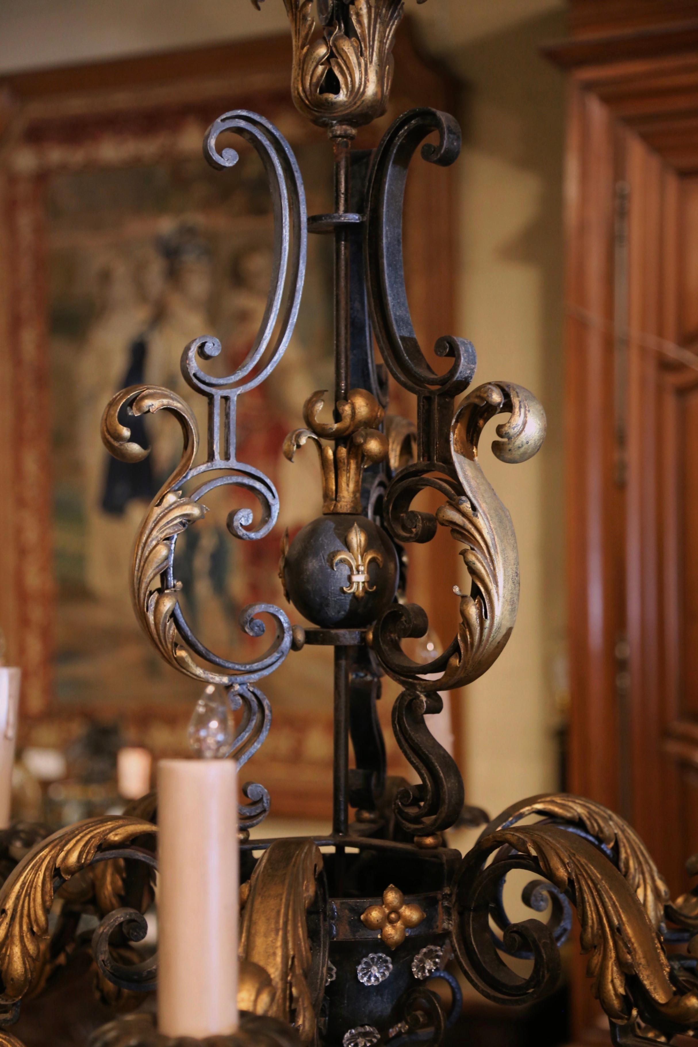 Hand-Crafted Early 20th Century French Louis XV Black and Gilt Six-Light Iron Chandelier