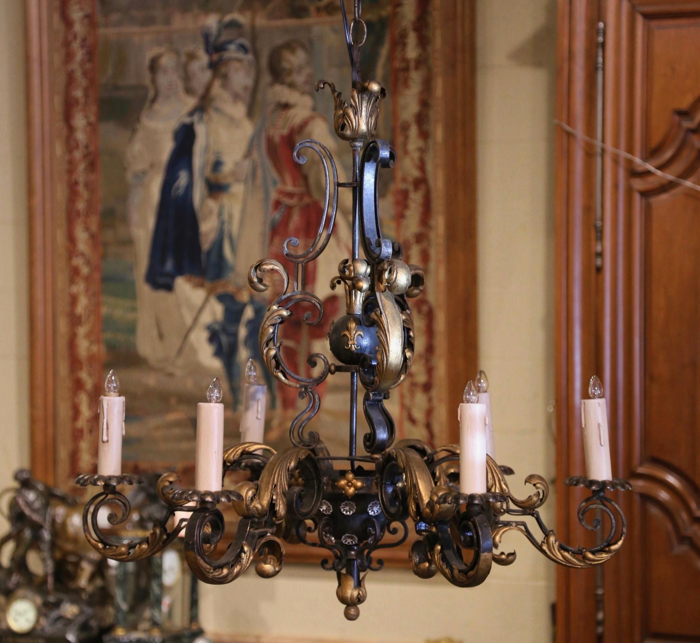 Early 20th Century French Louis XV Black and Gilt Six-Light Iron Chandelier 2