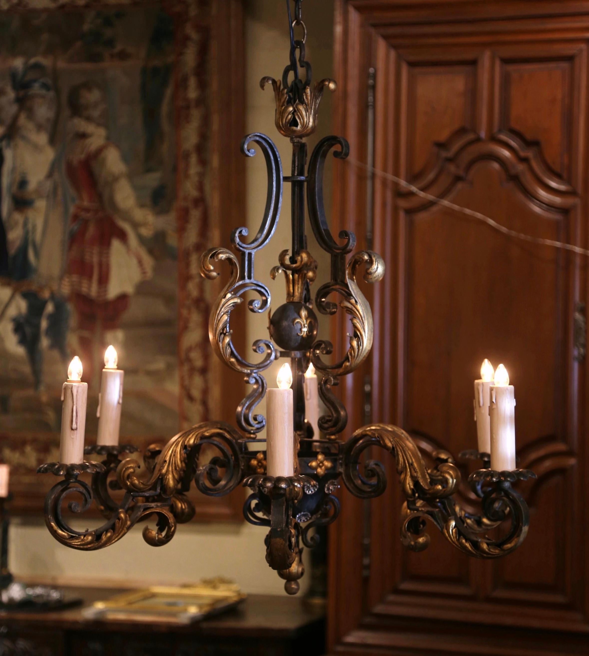 Early 20th Century French Louis XV Black and Gilt Six-Light Iron Chandelier 3